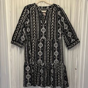Chico's Dress Women’s L Black/White Aztec 3/4 Sleeve Tiered